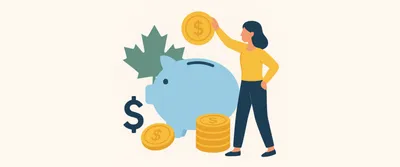 Retirement savings in Canada illustration showing a woman adding a gold coin to a piggy bank with Canadian maple leaf and coins, symbolizing how much to save for retirement.