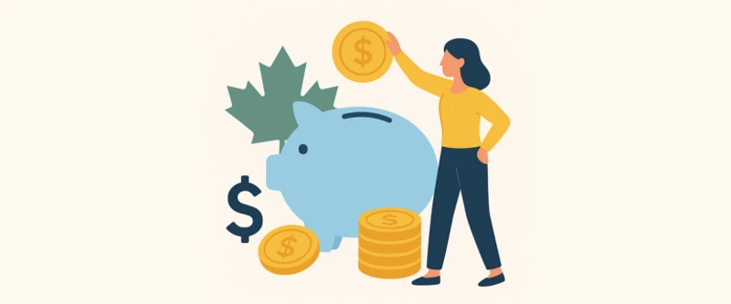 Retirement savings in Canada illustration showing a woman adding a gold coin to a piggy bank with Canadian maple leaf and coins, symbolizing how much to save for retirement.