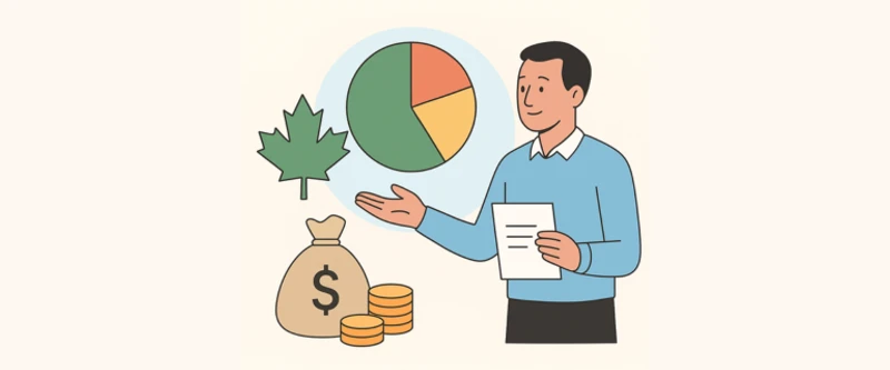 Sources of retirement income in Canada illustrated with a man reviewing a pie chart, Canadian maple leaf, money bag, and coins, symbolizing pensions, government benefits, and investments.