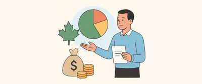 Sources of retirement income in Canada illustrated with a man reviewing a pie chart, Canadian maple leaf, money bag, and coins, symbolizing pensions, government benefits, and investments.