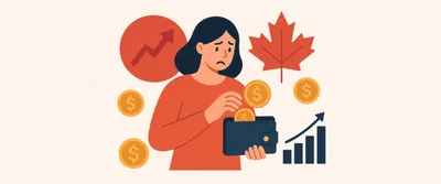 Inflation impact on retirement savings illustration with a worried woman watching shrinking coins and rising arrows, symbolizing how inflation erodes savings and retirement income in Canada.