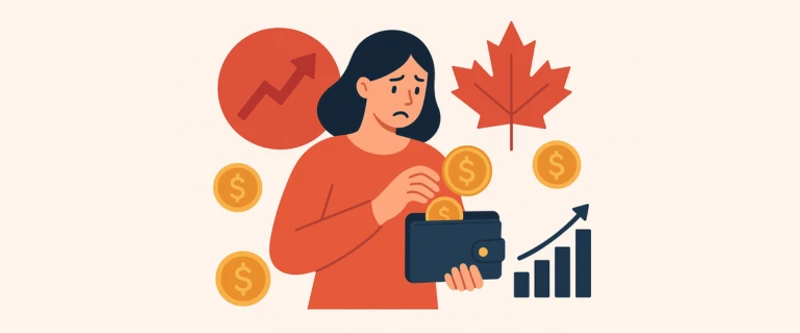 Inflation impact on retirement savings illustration with a worried woman watching shrinking coins and rising arrows, symbolizing how inflation erodes savings and retirement income in Canada.