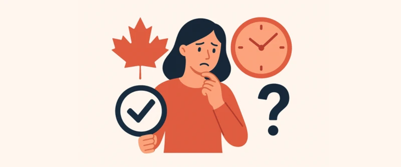 Retiring early in Canada illustration showing a person with a clock, maple leaf and coins, symbolizing the pros, cons, and planning needed for early retirement.