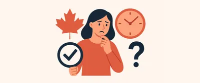 Retiring early in Canada illustration showing a person with a clock, maple leaf and coins, symbolizing the pros, cons, and planning needed for early retirement.